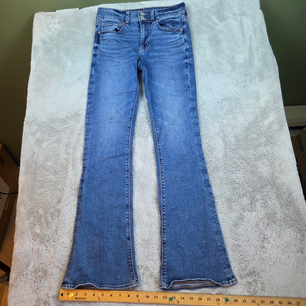 American Eagle Hi-Rise Artist Flare Jeans Women Sz 6L Stretch Long Denim Blue